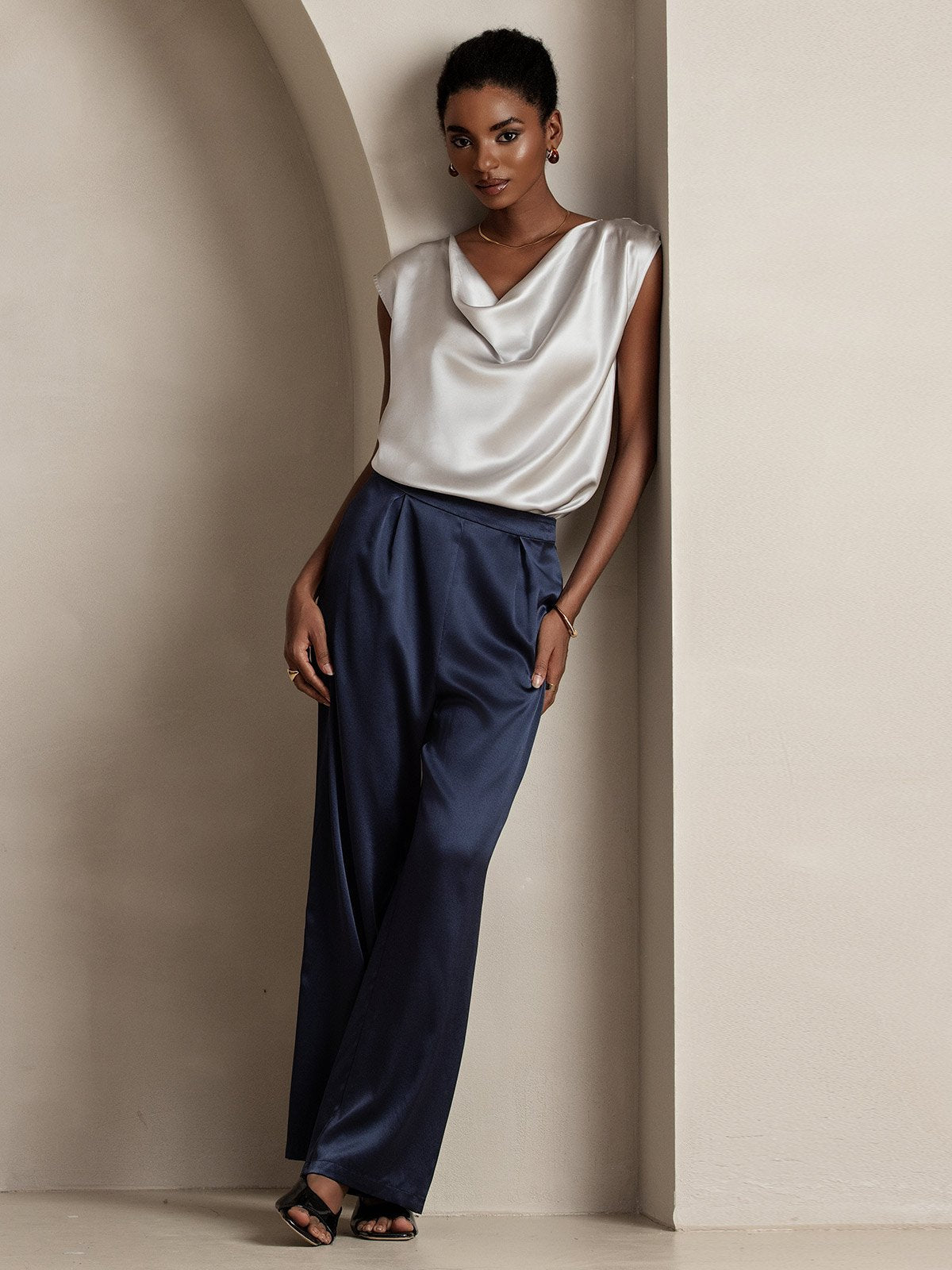 [Light Gray] SilkSilky-CA 19Momme Silk Cap Sleeve Cowl Neck Women's T-Shirt 006