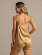 [Tan] SilkSilky-CA 19Momme Machine-Washable Silk Spaghetti Strap Round Neck Camisole Set 002