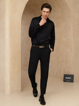 [Black] SilkSilky-CA 19Momme Stretch Silk Charmeuse Long Sleeve Lapel Collar Men's Shirt 008