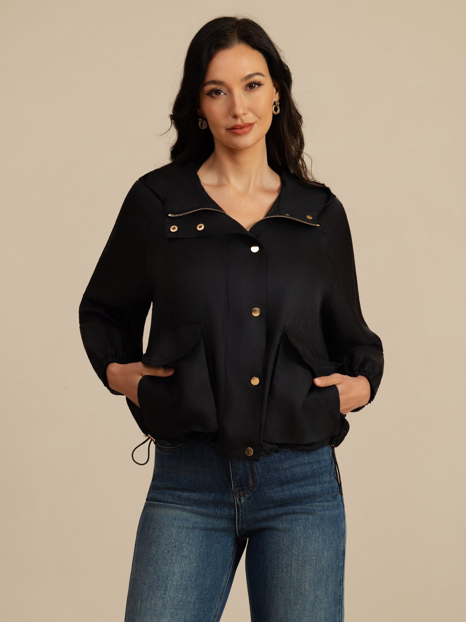 [Black] SilkSilky-CA Silk Satin Surah Long Sleeve High Neck Women's Outerwear 004