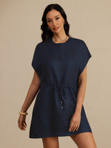 [Dark Blue] SilkSilky-CA 18Momme Silk Satin Surah Cap Sleeve Henley Neck Dress 004