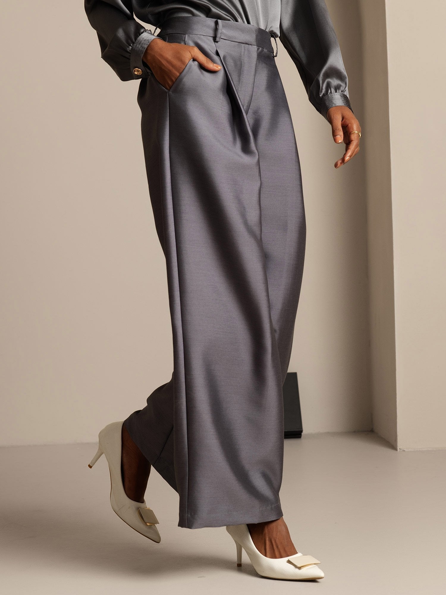 [Gray] SilkSilky-CA 32Momme Silk-Wool Blend Womens Pants 003,