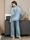 SilkSilky CA Pure Silk Long Sleeve Lapel Women's Pajamas SteelBlue 002