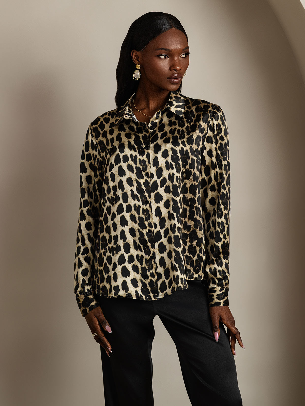 [Leopard] SilkSilky-CA 19Momme Stretch Silk Charmeuse Long Sleeve Lapel Collar Women's Shirt 004