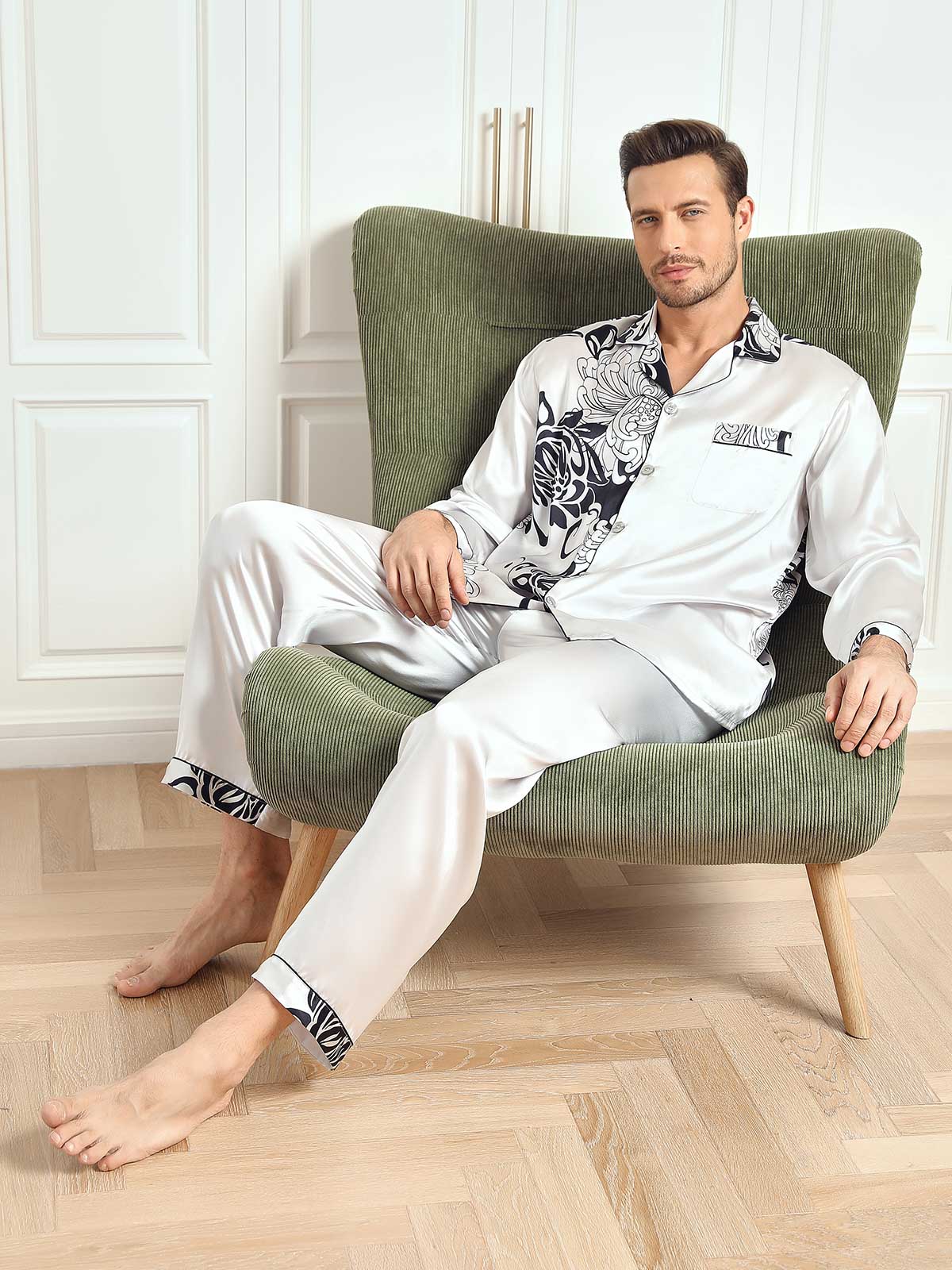 SilkSilky CA Pure Silk Long Sleeve Lapel Men's Pajamas Gray 009