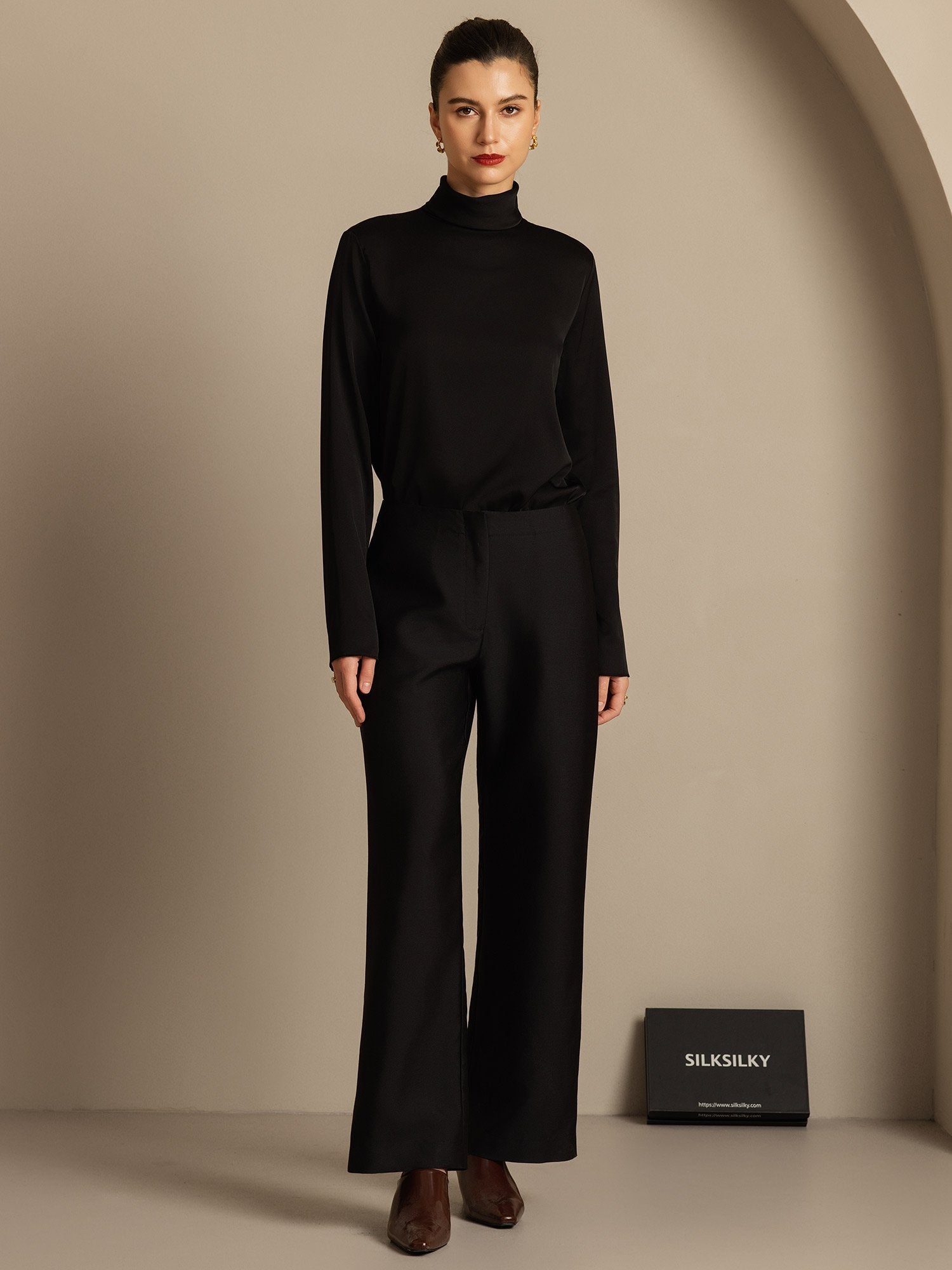 [Black] SilkSilky-CA 32Momme Silk-Wool Blend Womens Pants 005,