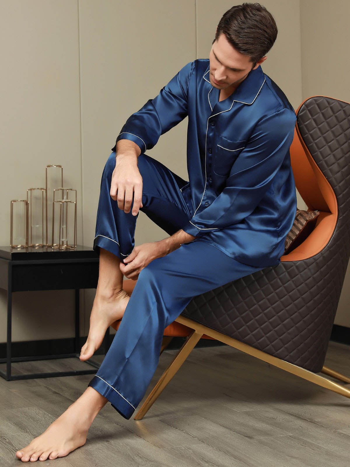 SilkSilky-CA Pure Silk Long Sleeve Lapel Men's Pajamas DarkBlue 007