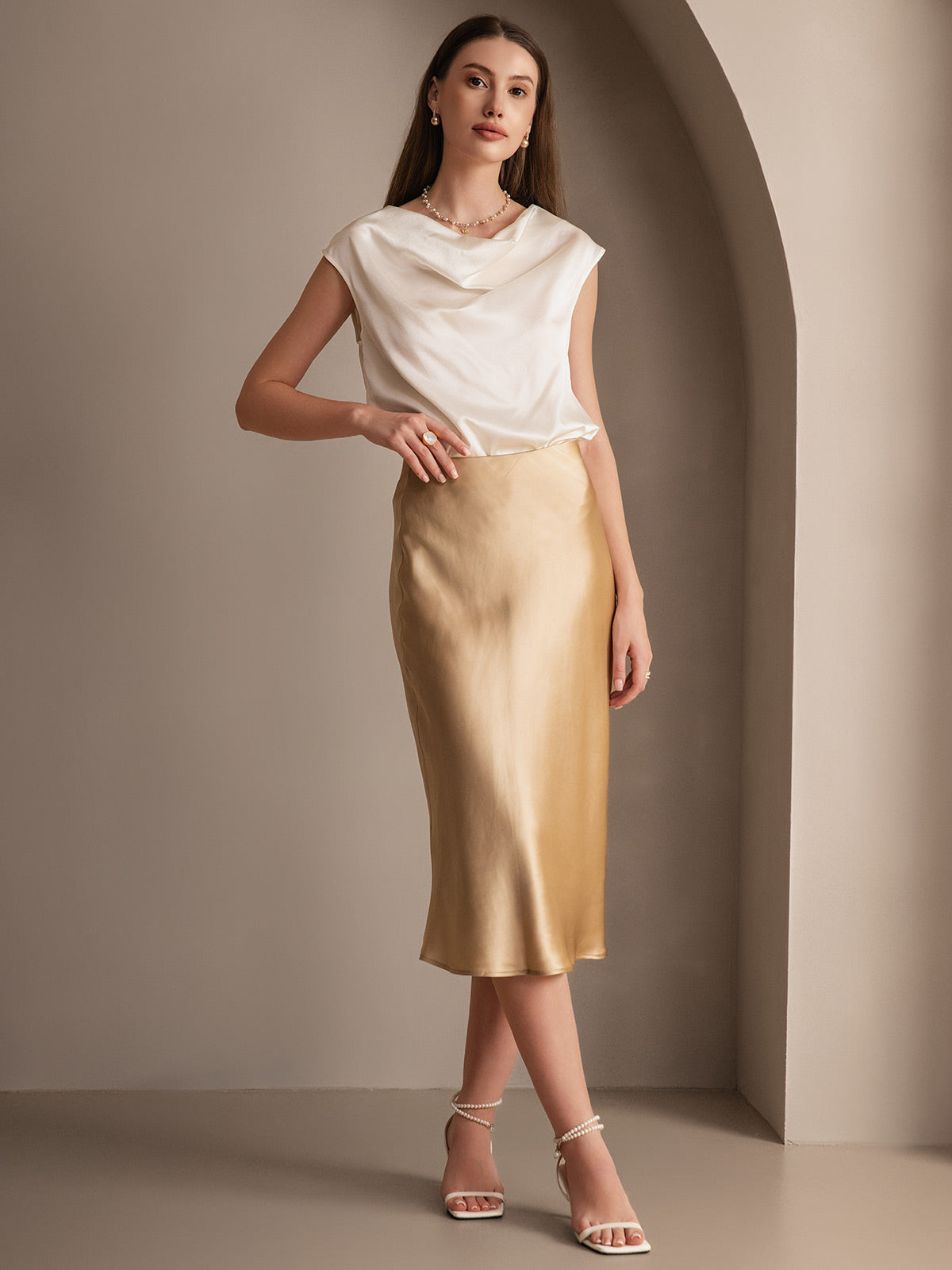 [Champagne] SilkSilky-CA 19Momme Pure Silk Skirt 001,