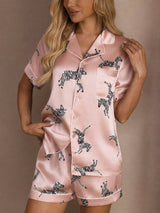 [Pink Zebra] SilkSilky-CA Short Sleeve Lapel Collar Women's Pajamas 004