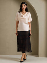 [Beige] SilkSilky-CA Short Sleeve Cowl Neck Women's Blouse 006