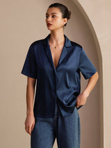 [Dark Blue] SilkSilky-CA Short Sleeve Notch Collar Women's Shirt 003