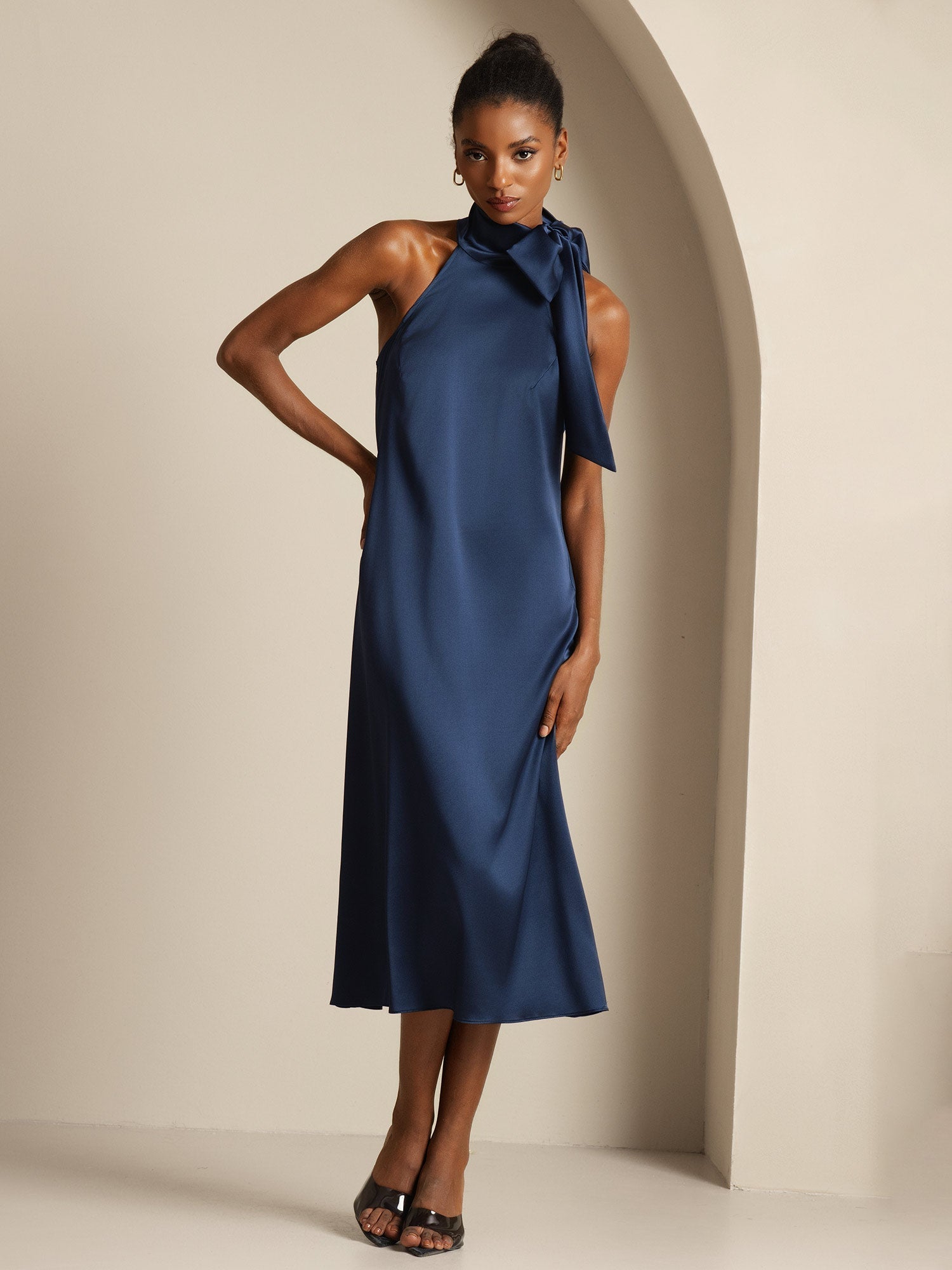 [Dark Blue] SilkSilky-CA 19Momme Silk Tie Neck Dress 008,