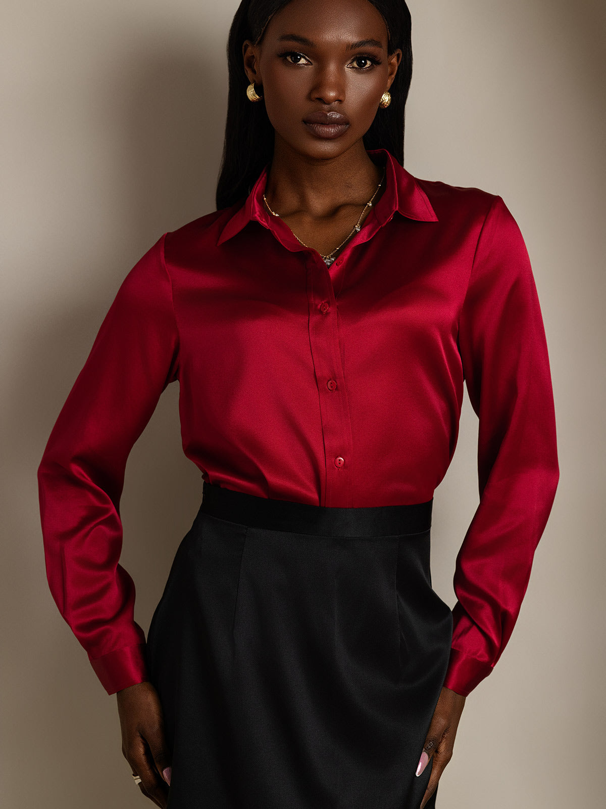 SilkSilky-CA 19Momme Silk Long Sleeve Collar Women's Shirt Wine 005