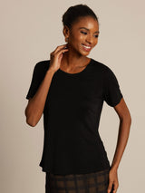 [Black] SilkSilky-CA 100% Silk Jersey Short Sleeve Round Neck Women's T-Shirt 005
