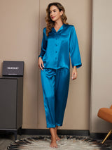 [Teal] SilkSilky-CA Long Sleeve Lapel Collar Women's Pajamas 001