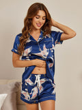 SilkSilky-CA 19Momme Pure Silk Short Sleeve Lapel Women's Pajamas DarkBlue 004