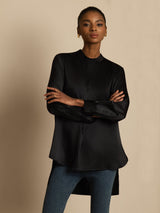 [Black] SilkSilky-CA 19Momme Stretch Silk Charmeuse Long Sleeve Stand Collar Blouse 004