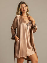 [Brown] SilkSilky-CA 3/4 Sleeve V Neck Nightgown&Robe Set 006