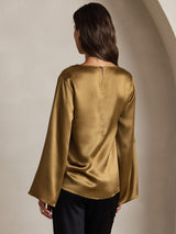 [Brown] SilkSilky-CA Long Sleeve Boat Neck Blouse 002