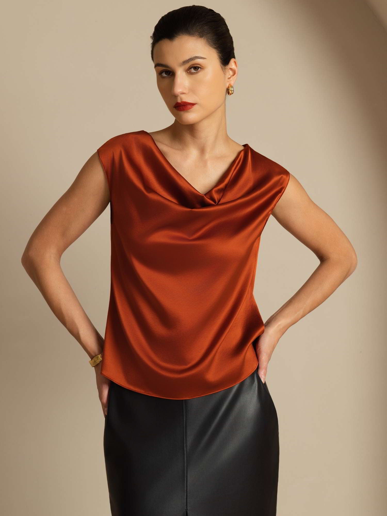 [Caramel] SilkSilky-CA 19Momme Silk Cap Sleeve Cowl Neck Women's T-Shirt 004