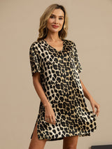 [Leopard] SilkSilky-CA Pure Silk Short Sleeve V Neck Nightgown 001