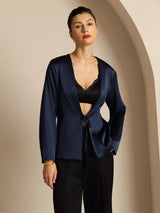 [Dark Blue] SilkSilky-CA 19Momme Stretch Silk Charmeuse Long Sleeve Women's Outerwear 001