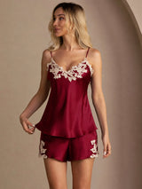 [Wine] SilkSilky-CA Spaghetti Strap V Neck Camisole Set 004