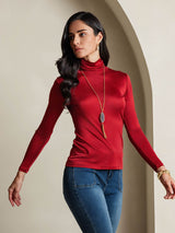 [Wine] SilkSilky-CA Silk Jersey Long Sleeve Turtle Neck Women's T-Shirt 005