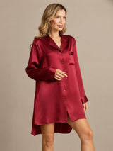 [Wine] SilkSilky-CA Long Sleeve Lapel Collar Nightshirt 007