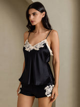 [Black] SilkSilky-CA Spaghetti Strap V Neck Camisole Set 003