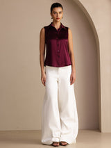 [Dark Red] SilkSilky-CA Sleeveless Lapel Collar Women's Shirt 005