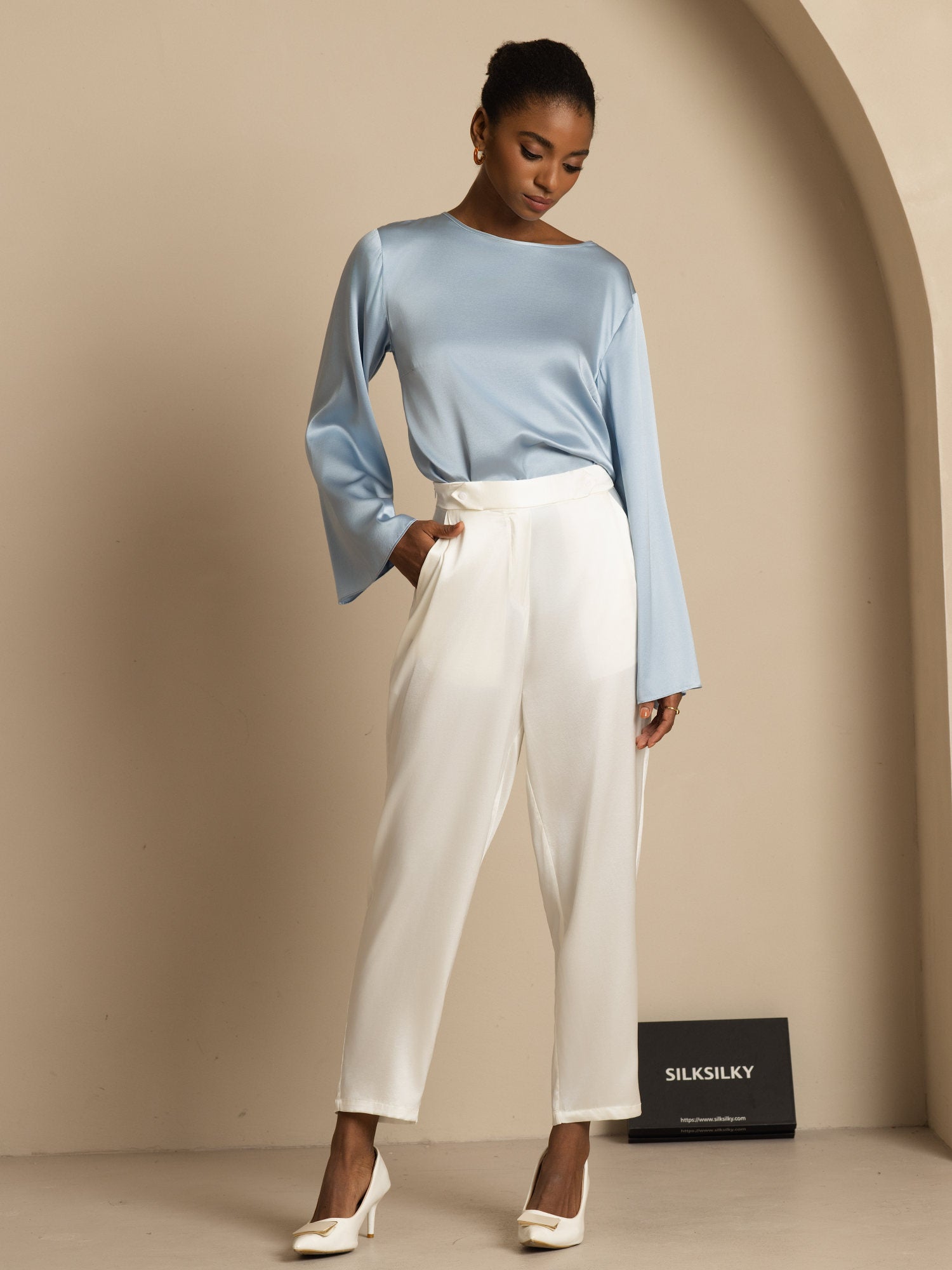 [White] SilkSilky-CA 19Momme Silk Womens Pants 006