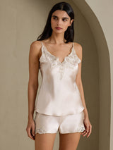 [Beige] SilkSilky-CA Spaghetti Strap V Neck Camisole Set 003