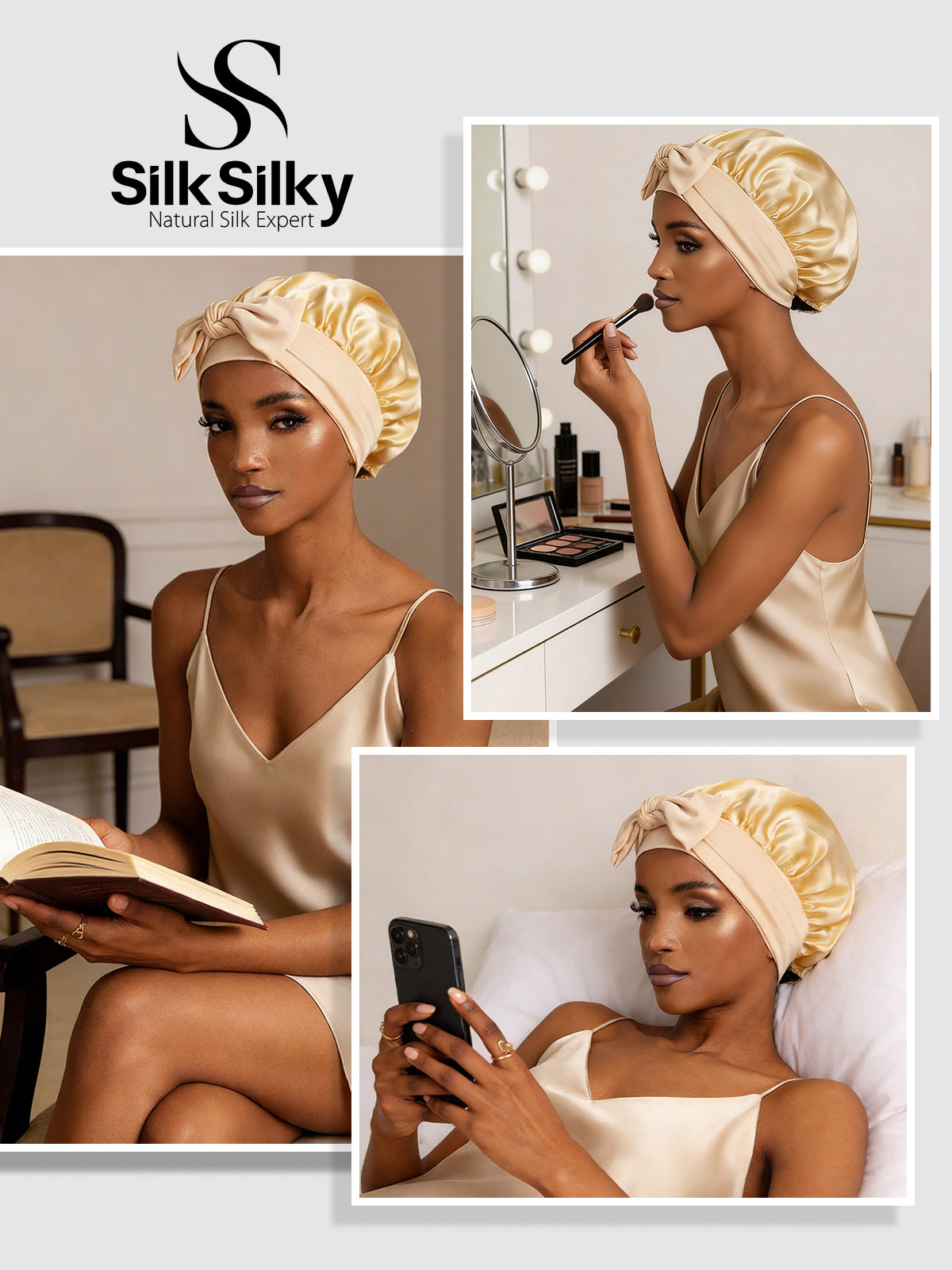 [Champagne] SilkSilky-CA Pure Silk Sleep Cap 005