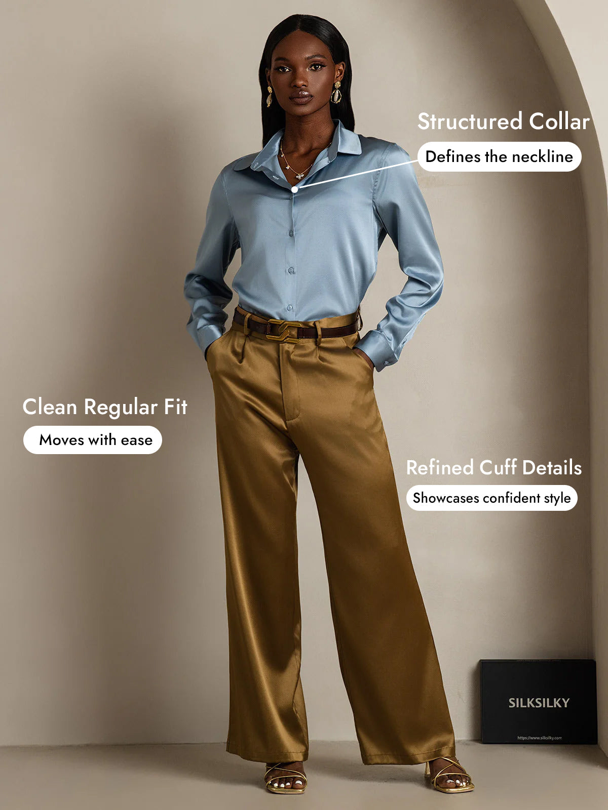 [Grayish Blue] SilkSilky-CA Silk Long Sleeve Lapel Collar Women's Shirt 005