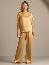 [Tan] SilkSilky-CA 19Momme Machine-Washable Silk Short Sleeve Women's Pajamas 008