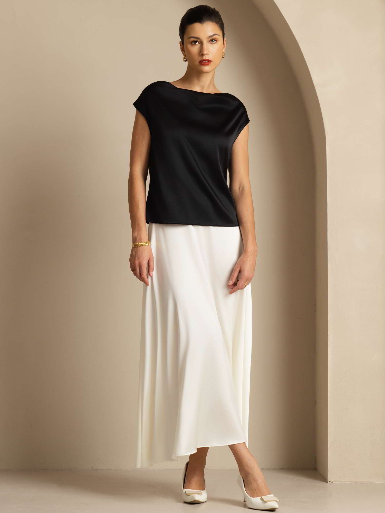 [Black] SilkSilky-CA 19Momme Silk Cap Sleeve Cowl Neck Women's T-Shirt 007