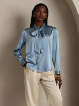 [Grayish Blue] SilkSilky-CA 19Momme Stretch Silk Charmeuse Long Sleeve Tie Neck Blouse 007