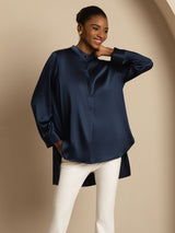 [Dark Blue] SilkSilky-CA 19Momme Stretch Silk Charmeuse Long Sleeve Stand Collar Blouse 006