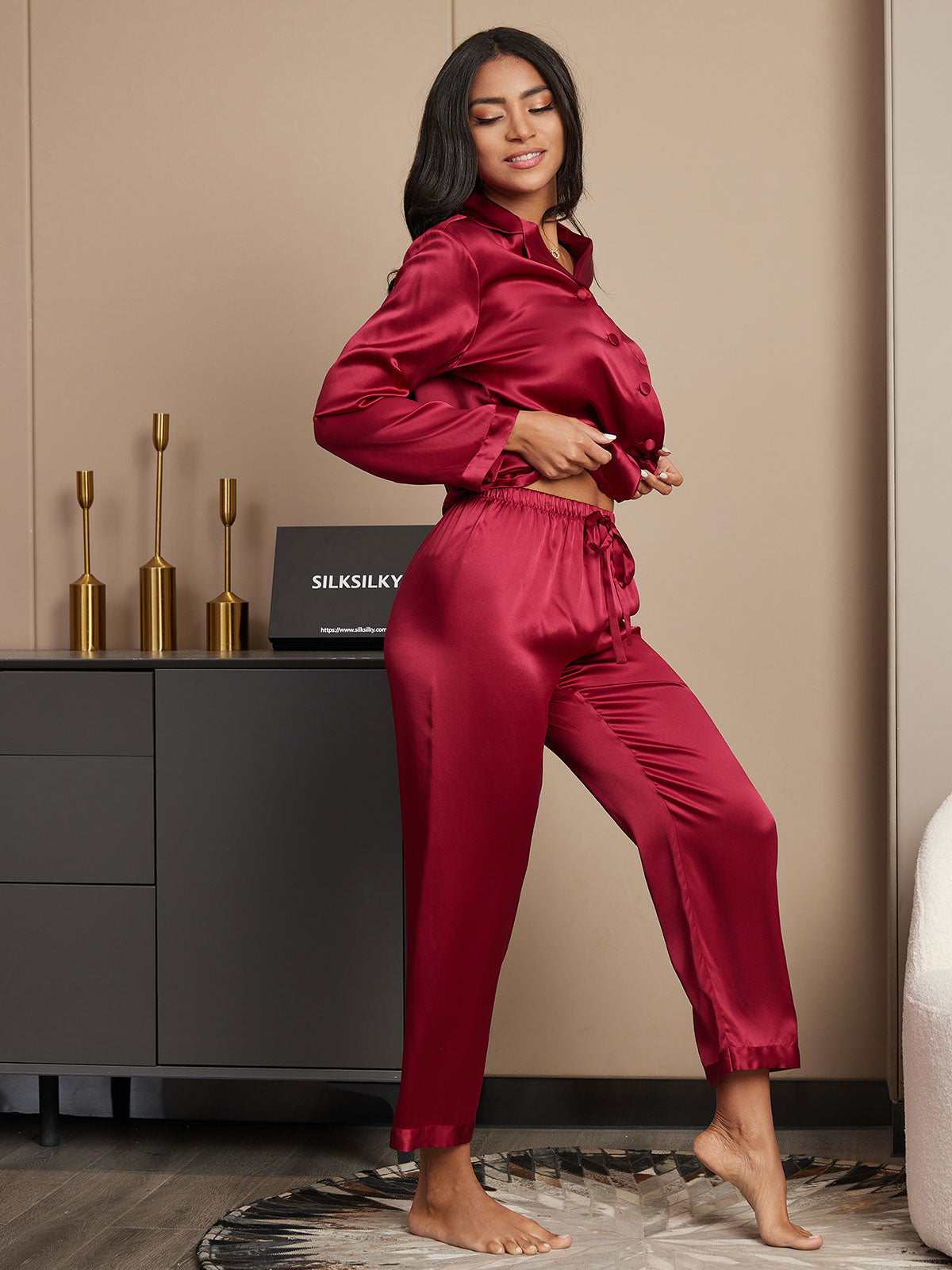 SilkSilky-CA Pure Silk Long Sleeve Lapel Women's Pajamas Wine 005