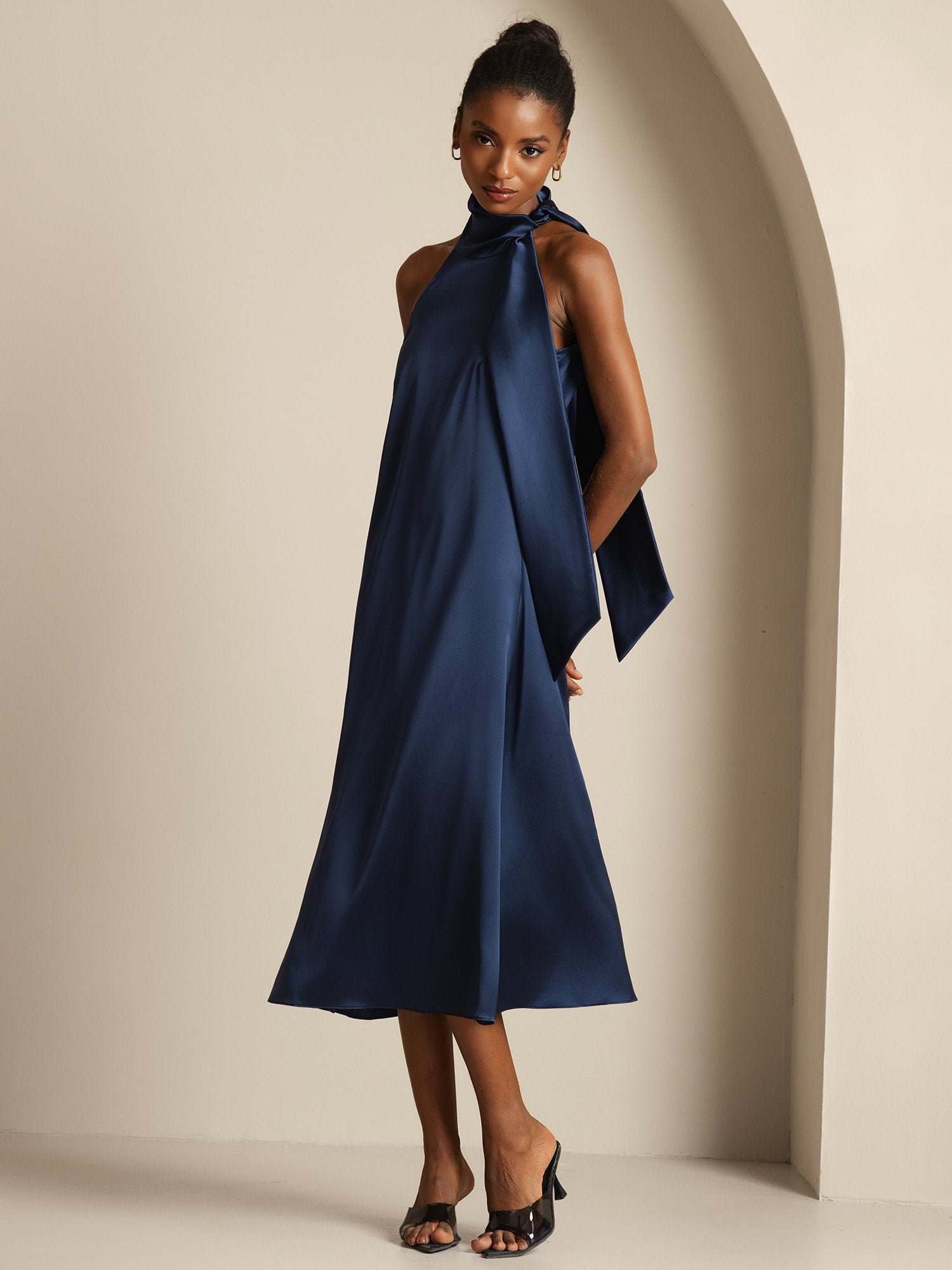 [Dark Blue] SilkSilky-CA 19Momme Silk Tie Neck Dress 003,