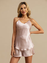[Pink Heart Geo] SilkSilky-CA Spaghetti Strap V Neck Camisole Set 005