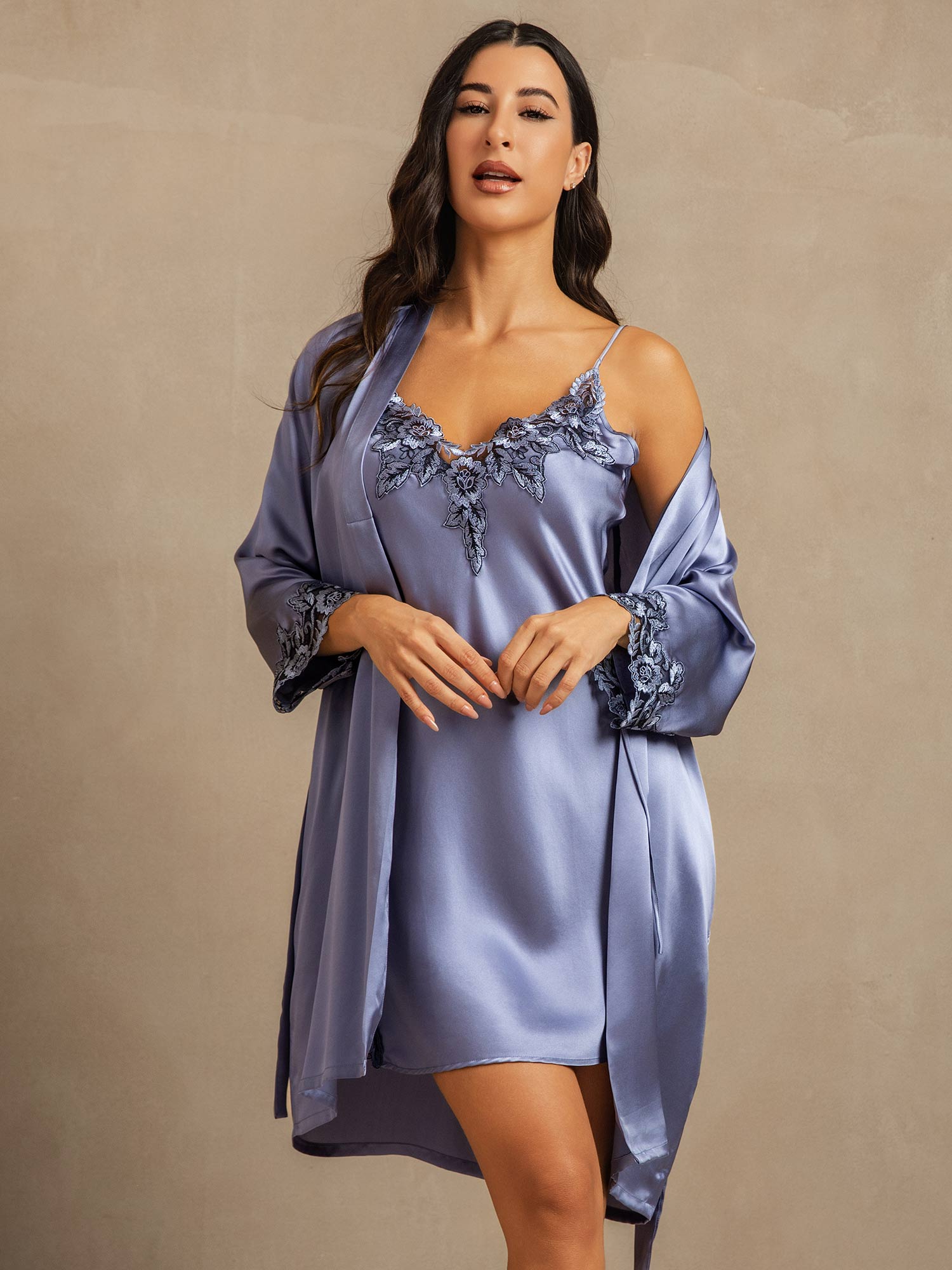 [Steel Blue] SilkSilky-CA Pure Silk 3/4 Sleeve V Neck Nightgown&Robe Set 003