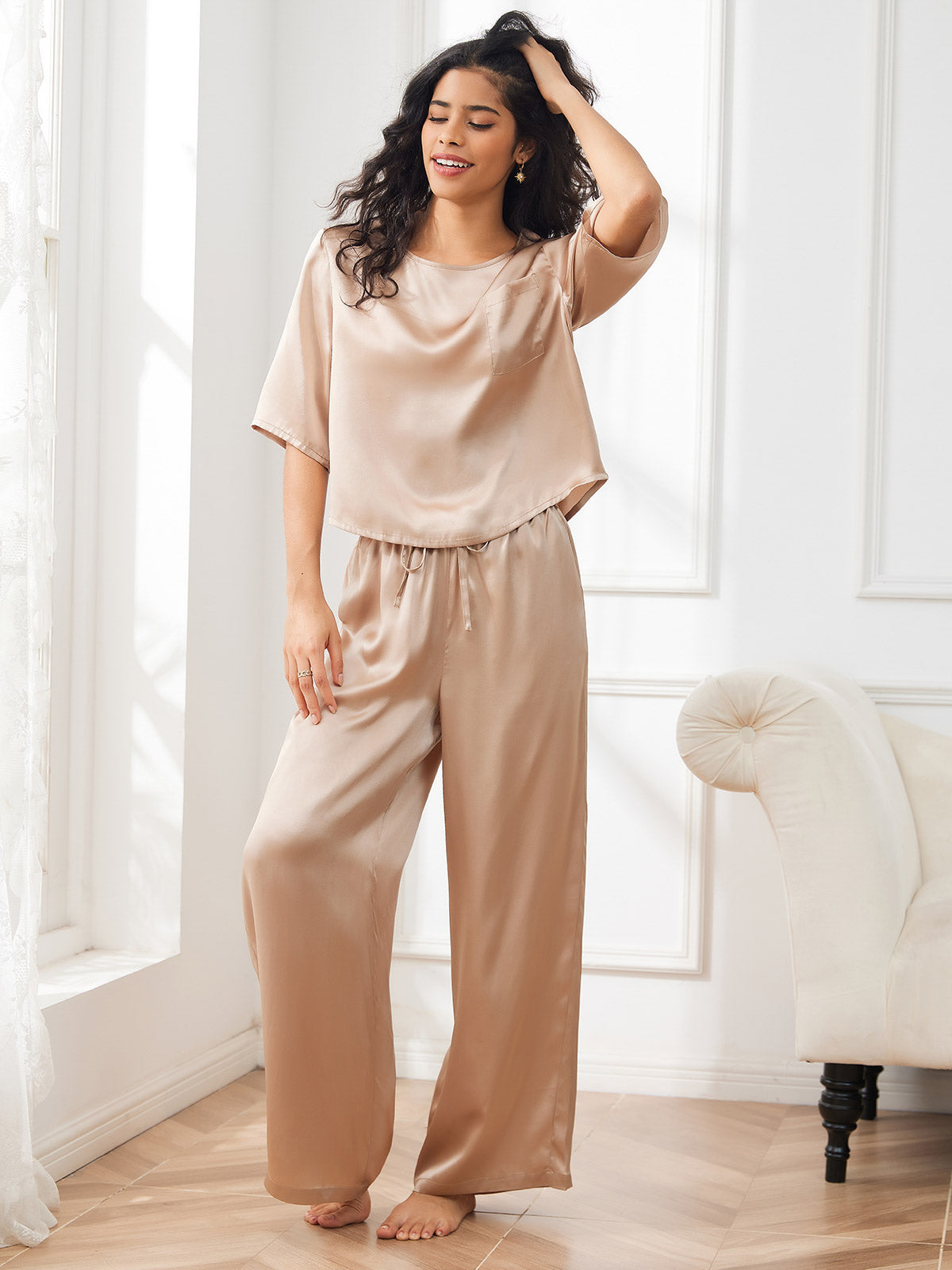 [Champagne] SilkSilky-CA Half Sleeve Round Neck Women's Pajamas 001