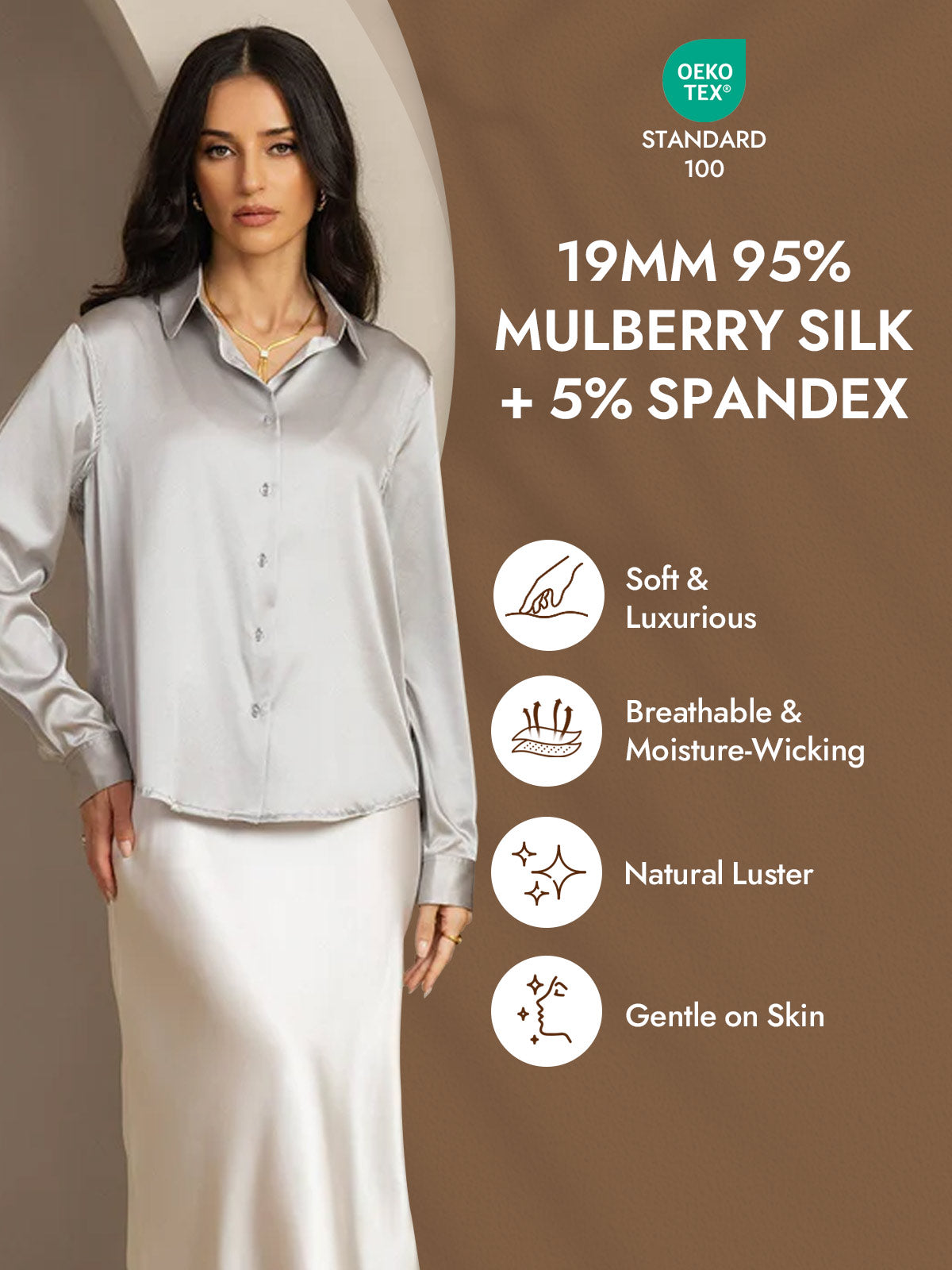 [Light Gray] SilkSilky-CA Silk Long Sleeve Lapel Collar Women's Shirt 004