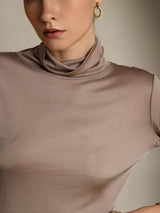 [Khaki] SilkSilky-CA Silk Jersey Long Sleeve Turtle Neck Women's T-Shirt 007