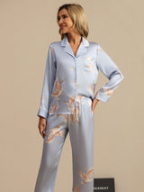 [Light Blue] SilkSilky-CA Long Sleeve Lapel Collar Women's Pajamas 003