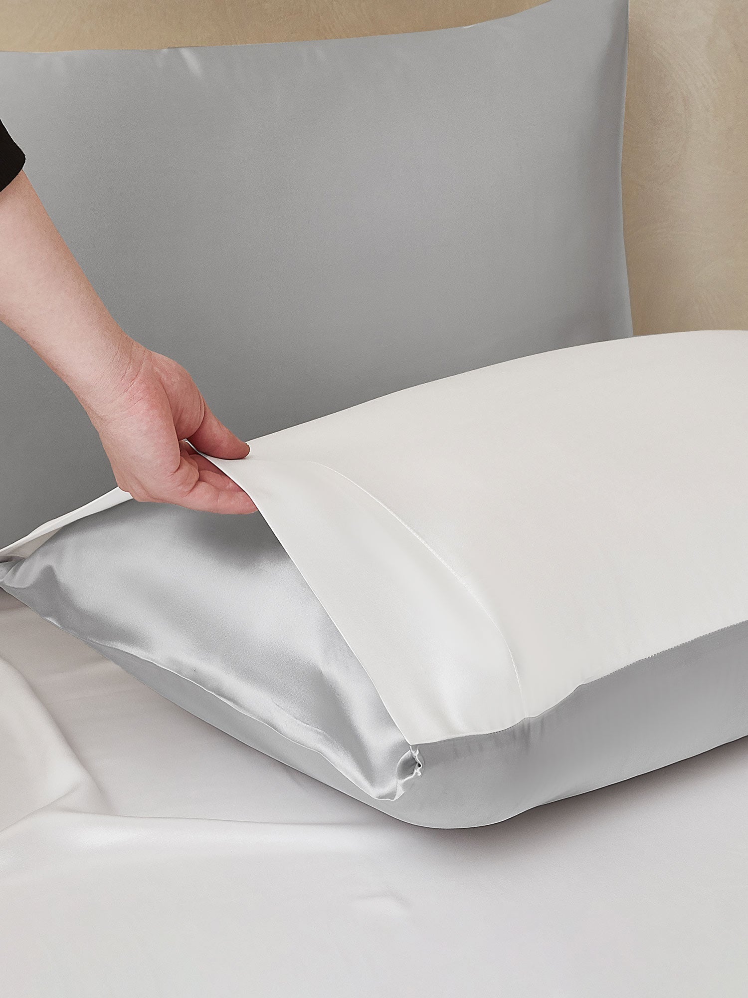 [LightGray+White] SilkSilky-CA 22Momme Pure Silk Bedding Set 005,