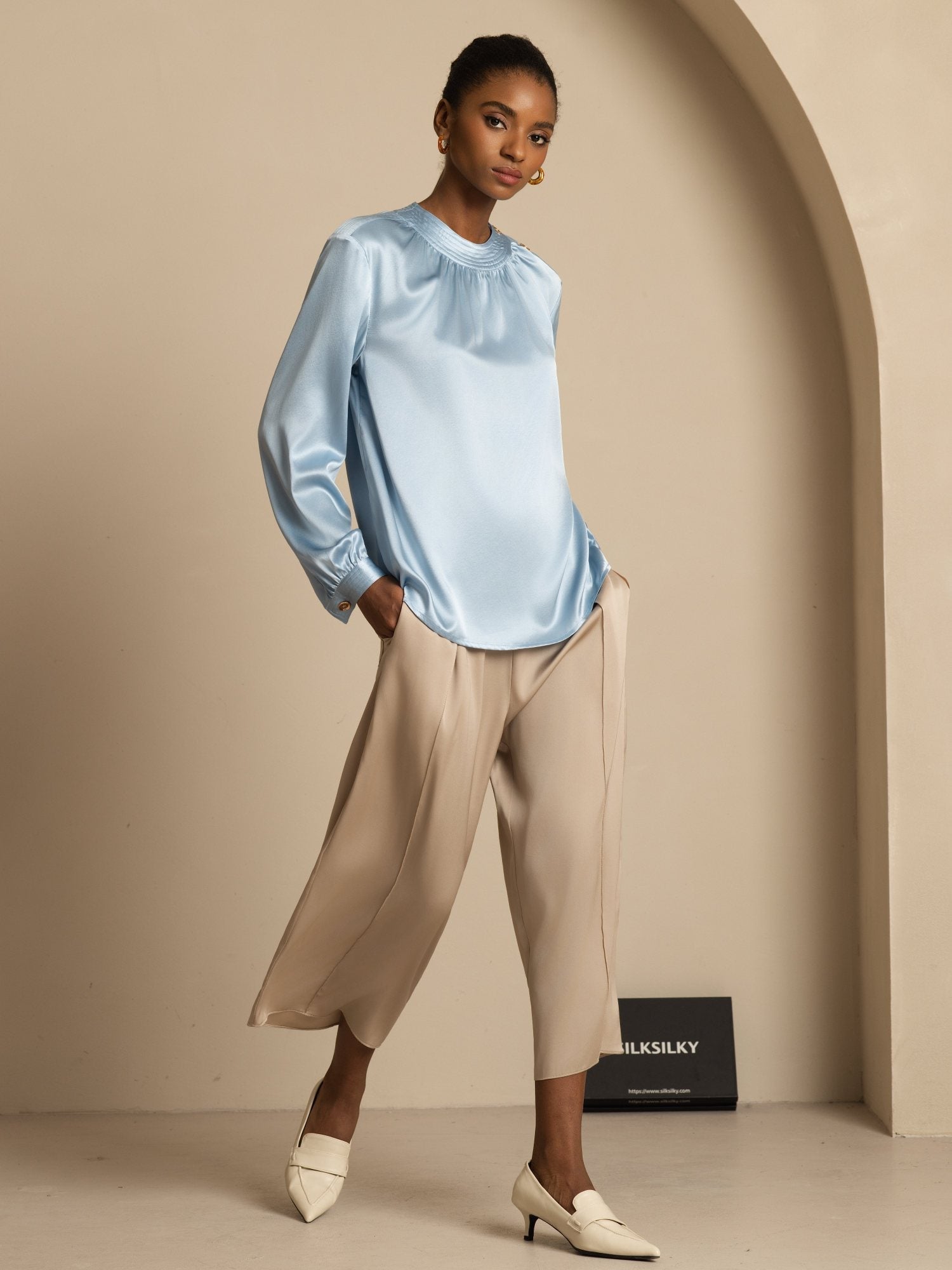 [Grayish Blue] SilkSilky-CA 19Momme Stretch Silk Charmeuse Long Sleeve Round Neck Blouse 007