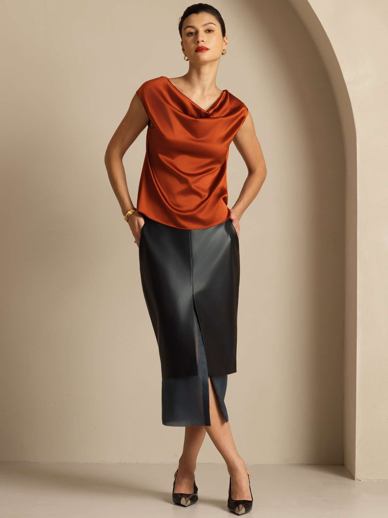 [Caramel] SilkSilky-CA 19Momme Silk Cap Sleeve Cowl Neck Women's T-Shirt 008